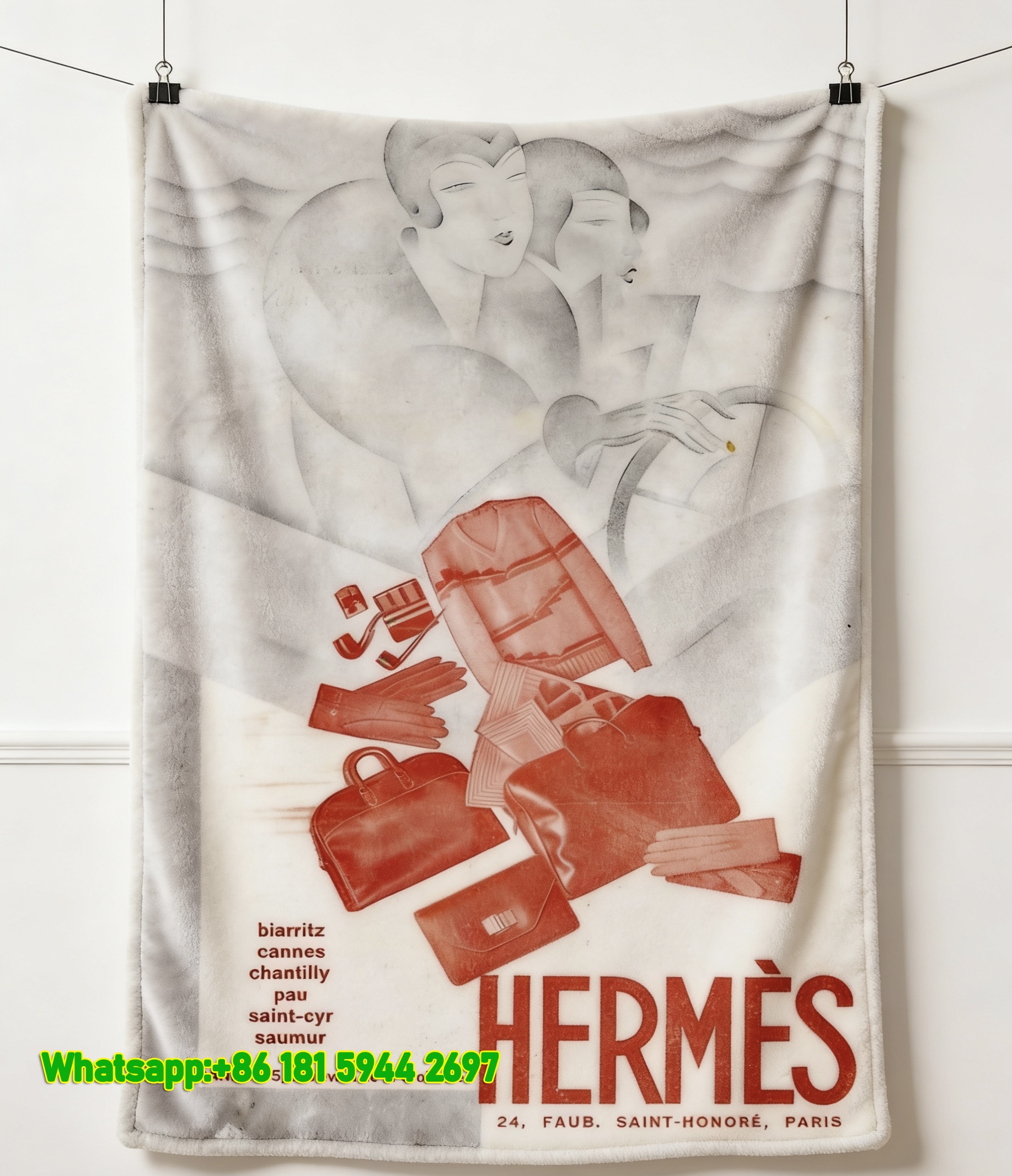 Hermès Vintage Travel Ad Print Flannel Throw Blanket IMG_5133